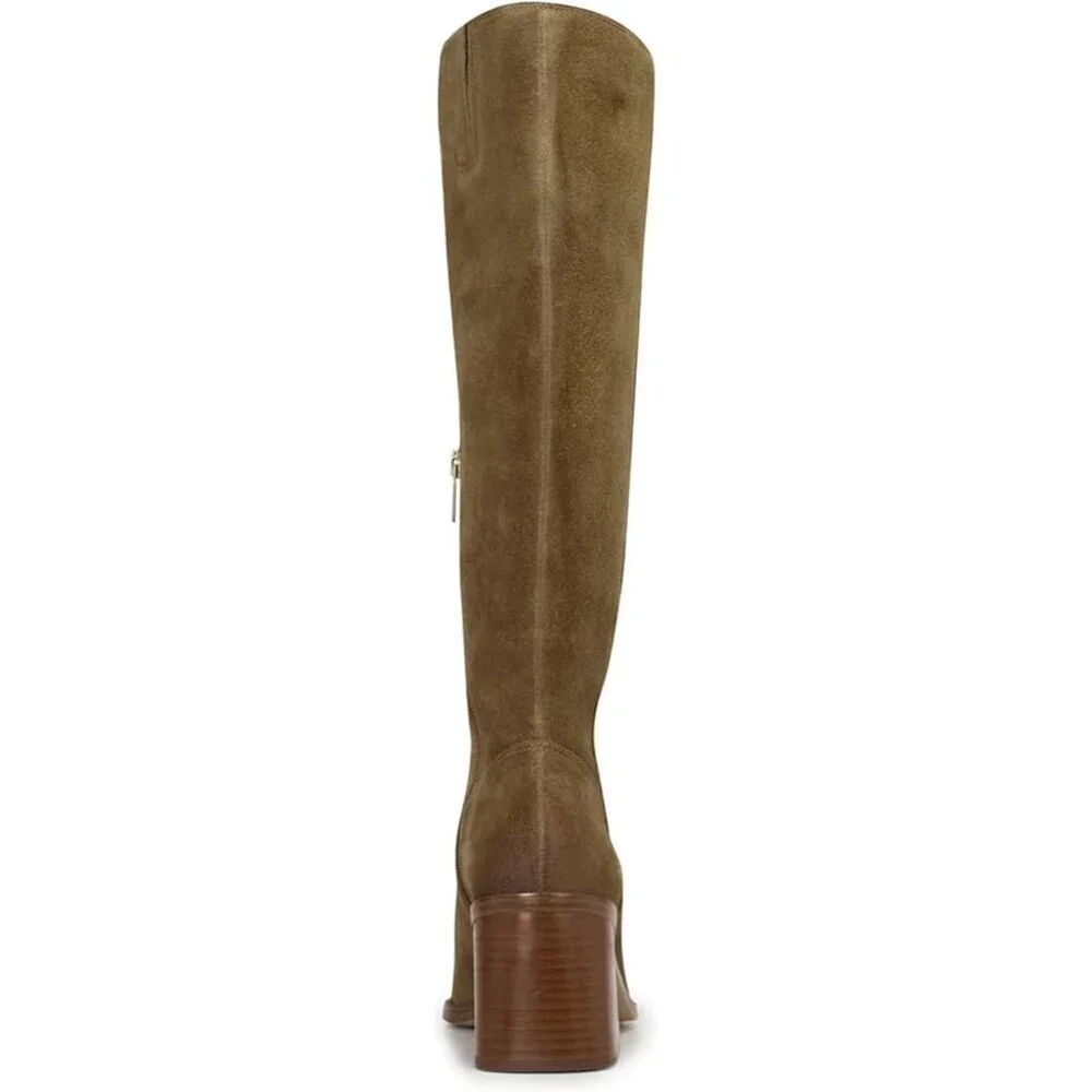 Women Dusty Green Polyurethane Knee High Square Toe Side Zipper Block Heel Boot